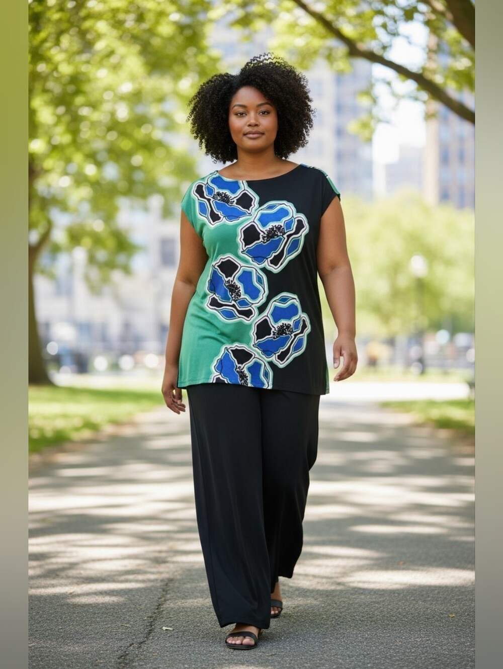 Chico's Travelers 3 Black Green & Blue Floral Tunic Top Sz XL 16/18 WT154